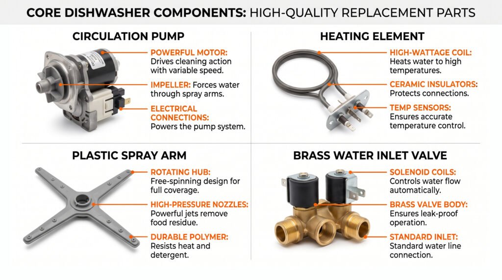 Which parts control water entering the dishwasher