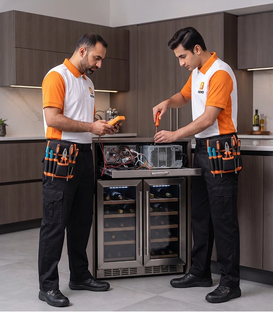 Reno Appliances Repair technician repairing a wine chiller in Dubai — wine chiller diagnosis and cooling repair service
