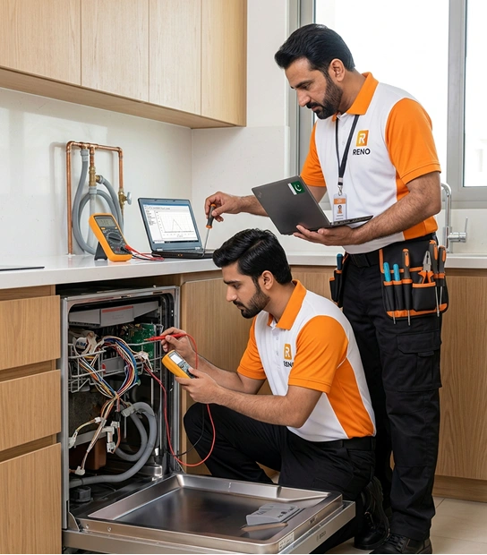 Reno Appliances Repair technician repairing a dishwasher in a Dubai kitchen — dishwasher diagnosis and repair service