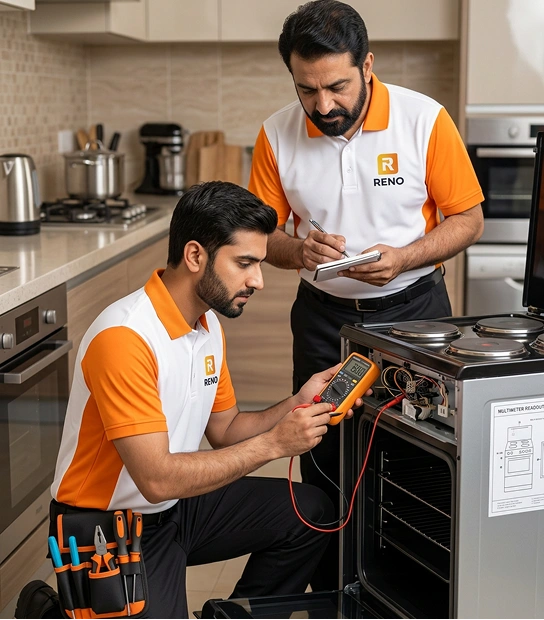 Reno Appliances Repair technician repairing an electric cooker in a Dubai kitchen — electric cooker diagnosis and repair service