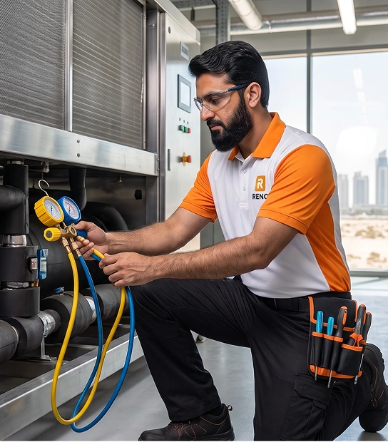 Reno Appliances Repair technician servicing a commercial chiller in Dubai — commercial cooling system diagnosis and repair