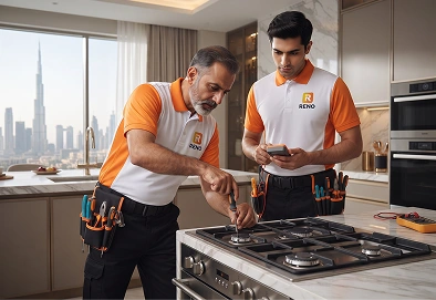 Reno Appliances Repair technician repairing a gas cooker burner flame in Dubai