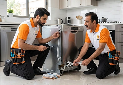 Reno Appliances Repair technician fixing a leaking dishwasher in Dubai