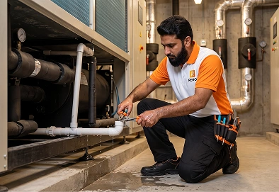 Reno Appliances Repair technician repairing commercial chiller water leakage and drainage faults in Dubai