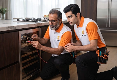 Reno Appliances Repair technician repairing a wine chiller thermostat in Dubai