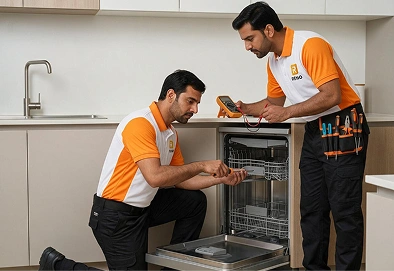 Reno Appliances Repair technician repairing a dishwasher not cleaning dishes properly in Dubai