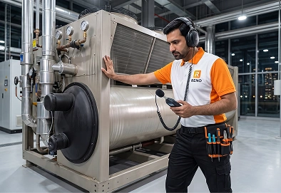 Reno Appliances Repair technician repairing commercial chiller noise and vibration in Dubai