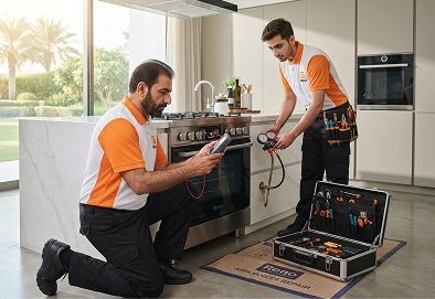 Reno Appliances Repair technician repairing gas cooker knobs and controls in Dubai