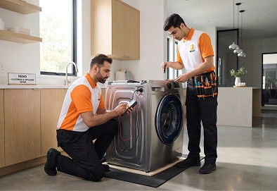Reno Appliances Repair technician repairing a washing machine that will not start in Dubai