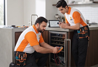 Reno Appliances Repair technician repairing wine chiller fan and airflow problems in Dubai