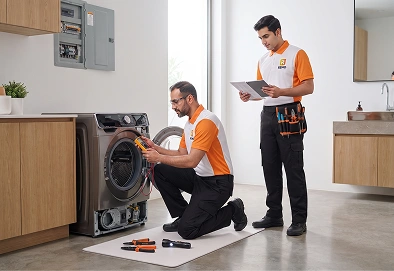 Reno Appliances Repair technician repairing a washing machine that stops mid-cycle in Dubai