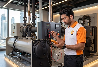 Reno Appliances Repair technician repairing a commercial chiller compressor in Dubai