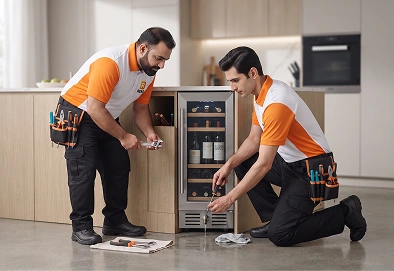 Reno Appliances Repair technician fixing a wine chiller water leak in Dubai