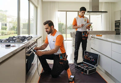 Reno Appliances Repair technician repairing a gas oven and cooking range in Dubai