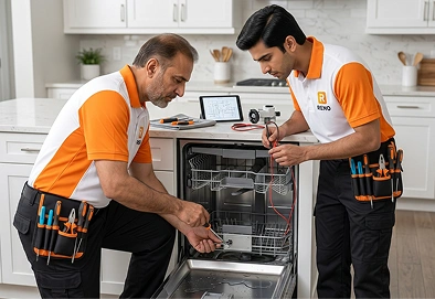 Reno Appliances Repair technician repairing a dishwasher in Dubai