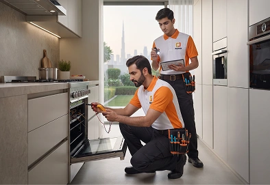 Reno Appliances Repair technician repairing a gas cooker ignition fault in Dubai