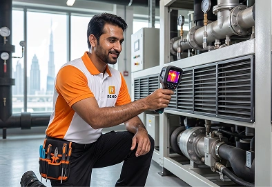 Reno Appliances Repair technician repairing a commercial chiller not cooling properly in Dubai