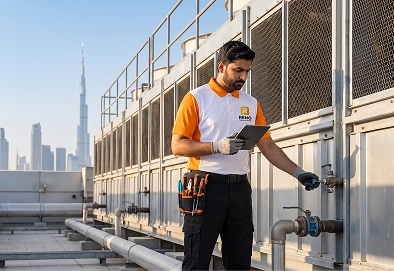 Reno Appliances Repair technician repairing commercial chiller refrigerant-related cooling faults in Dubai