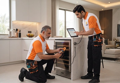 Reno Appliances Repair technician repairing wine chiller noise and vibration issues in Dubai