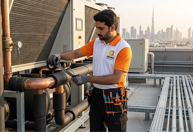 Reno Appliances Repair technician repairing commercial chiller pipework, valve and actuator faults in Dubai