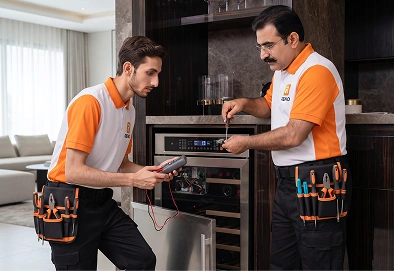 Reno Appliances Repair technician repairing wine chiller display and electrical faults in Dubai