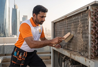 Reno Appliances Repair technician cleaning dirty coils and heat exchanger fouling on a commercial chiller in Dubai