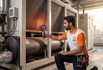 Reno Appliances Repair technician repairing commercial chiller condenser and evaporator issues in Dubai