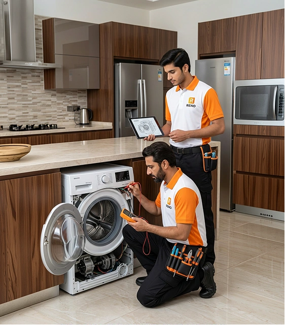 Reno Appliances Repair technician repairing a washing machine in a Dubai home — washing machine diagnosis and repair service