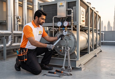 Reno Appliances Repair providing commercial chiller compressor overhauling support in Dubai