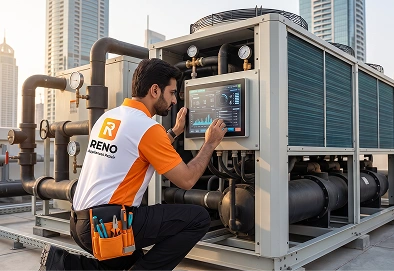 Reno Appliances Repair technician repairing a commercial chiller in Dubai