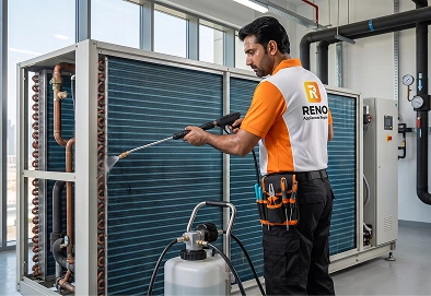 Reno Appliances Repair providing commercial chiller heat exchanger cleaning and descaling in Dubai