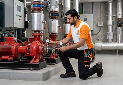 Reno Appliances Repair technician repairing commercial chiller pump and water flow problems in Dubai