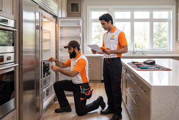 Reno Appliances Repair fixing a refrigerator water leak in a Dubai kitchen