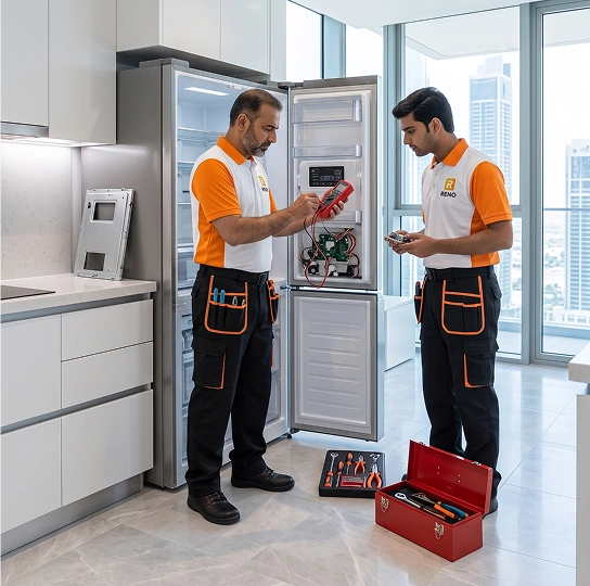 Reno Appliances Repair technician repairing a refrigerator in Dubai — refrigerator diagnosis and cooling repair service