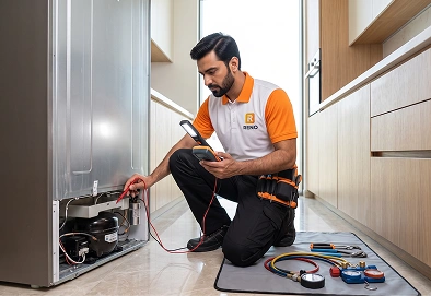 Reno Appliances Repair technician repairing a refrigerator that is not cooling in Dubai