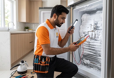 Reno Appliances Repair clearing frost build-up and repairing a fridge defrost system in Dubai