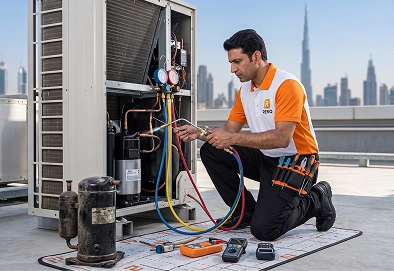 Reno Appliances Repair repairing and replacing a refrigerator compressor in Dubai