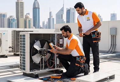 Reno Appliances Repair repairing a refrigerator evaporator and condenser fan motor in Dubai