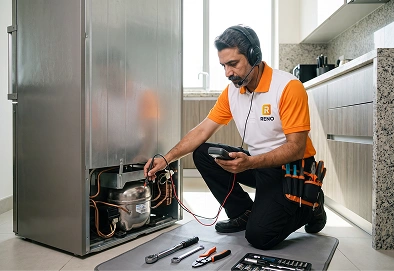 Reno Appliances Repair sealing a refrigerant gas leak and refilling gas on a fridge in Dubai