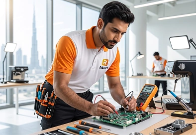 Reno Appliances Repair repairing a refrigerator PCB control board in Dubai