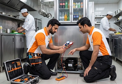 Reno Appliances Repair technician repairing a refrigerator in Dubai