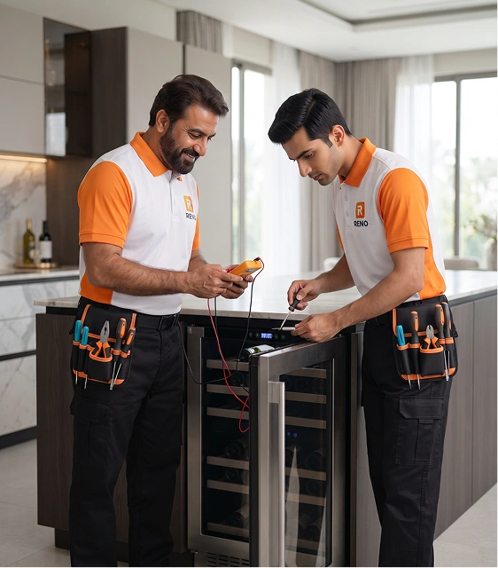 Reno Appliances Repair technician inspecting and testing a wine chiller during a repair visit in Dubai
