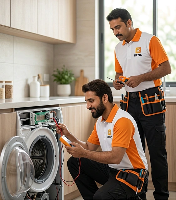 Reno Appliances Repair technician inspecting and testing a washing machine during a repair visit in Dubai