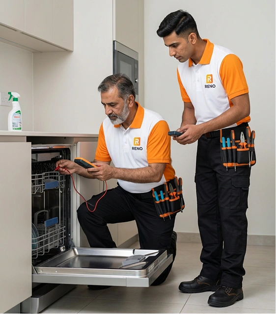 Reno Appliances Repair technician inspecting and testing a dishwasher during a repair visit in Dubai