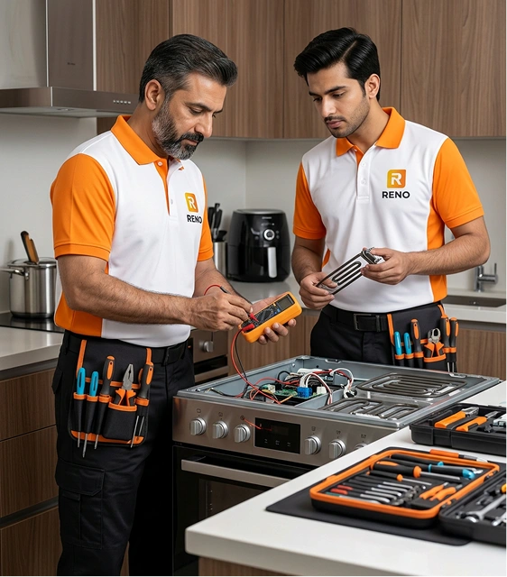 Reno Appliances Repair technician inspecting and testing an electric cooker during a repair visit in Dubai