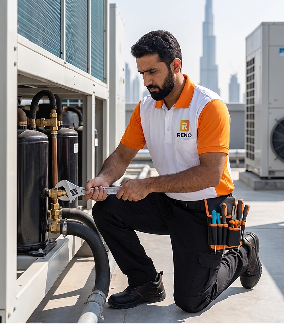 Reno Appliances Repair technician inspecting and testing a commercial chiller during a site visit in Dubai