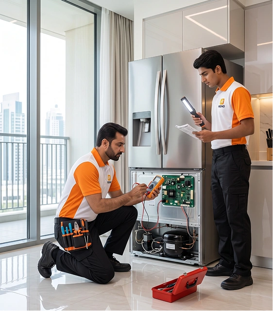Reno Appliances Repair technician inspecting and testing a refrigerator during a repair visit in Dubai